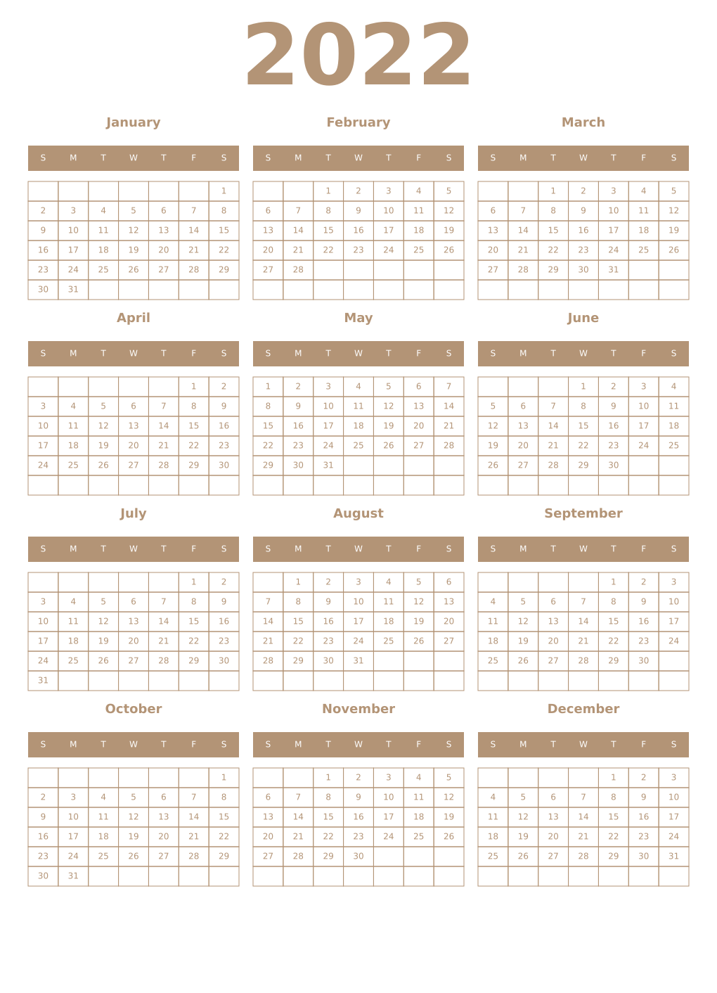 Printable 2022 Year Calendars isabelline