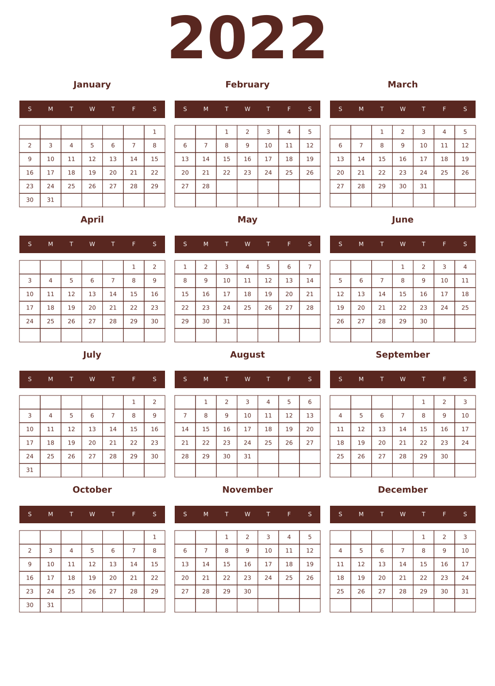 Printable 2022 Year Calendars mortuum