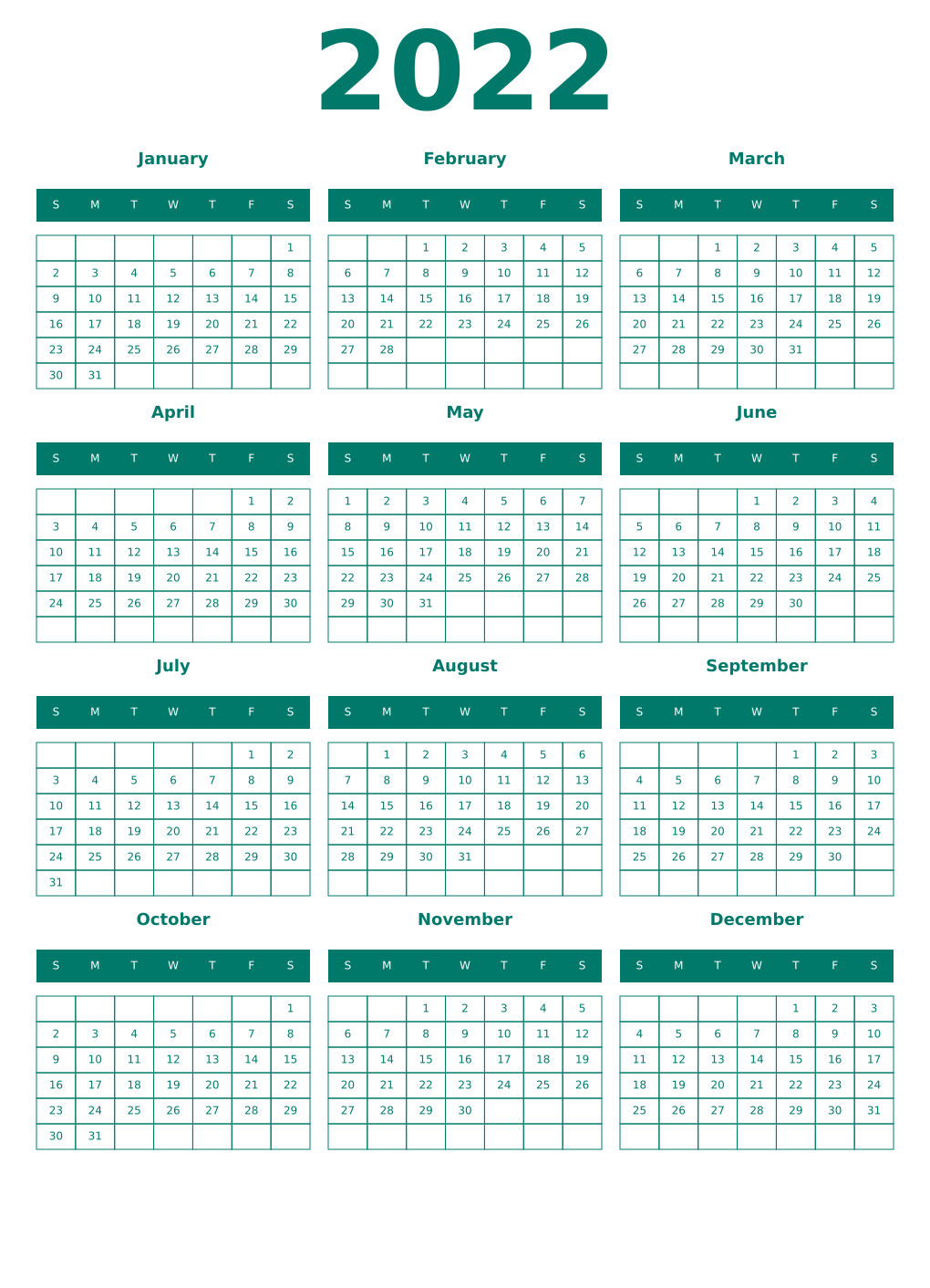Printable 2022 Year Calendars pastel