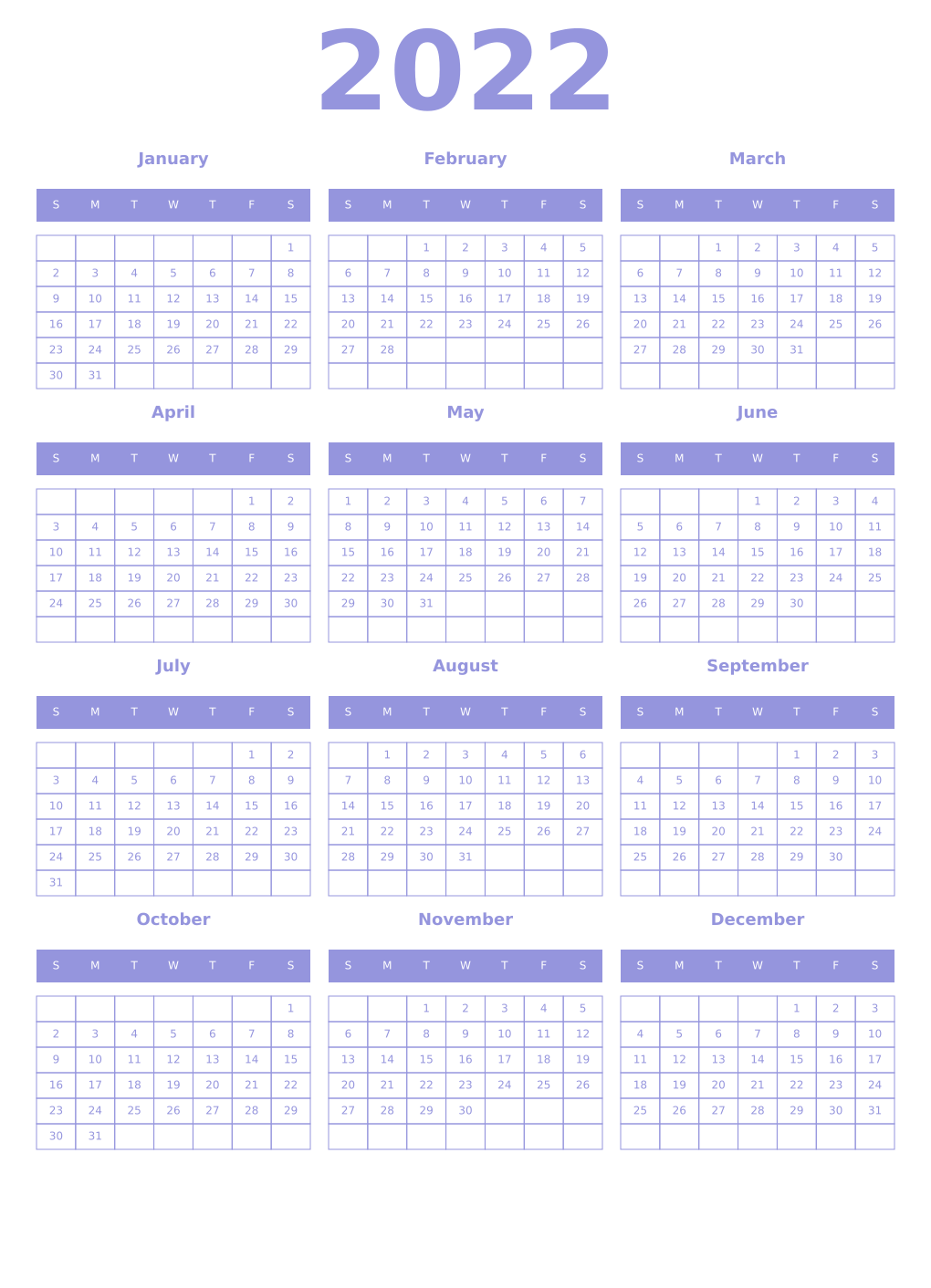 Printable 2022 Year Calendars periwinkle
