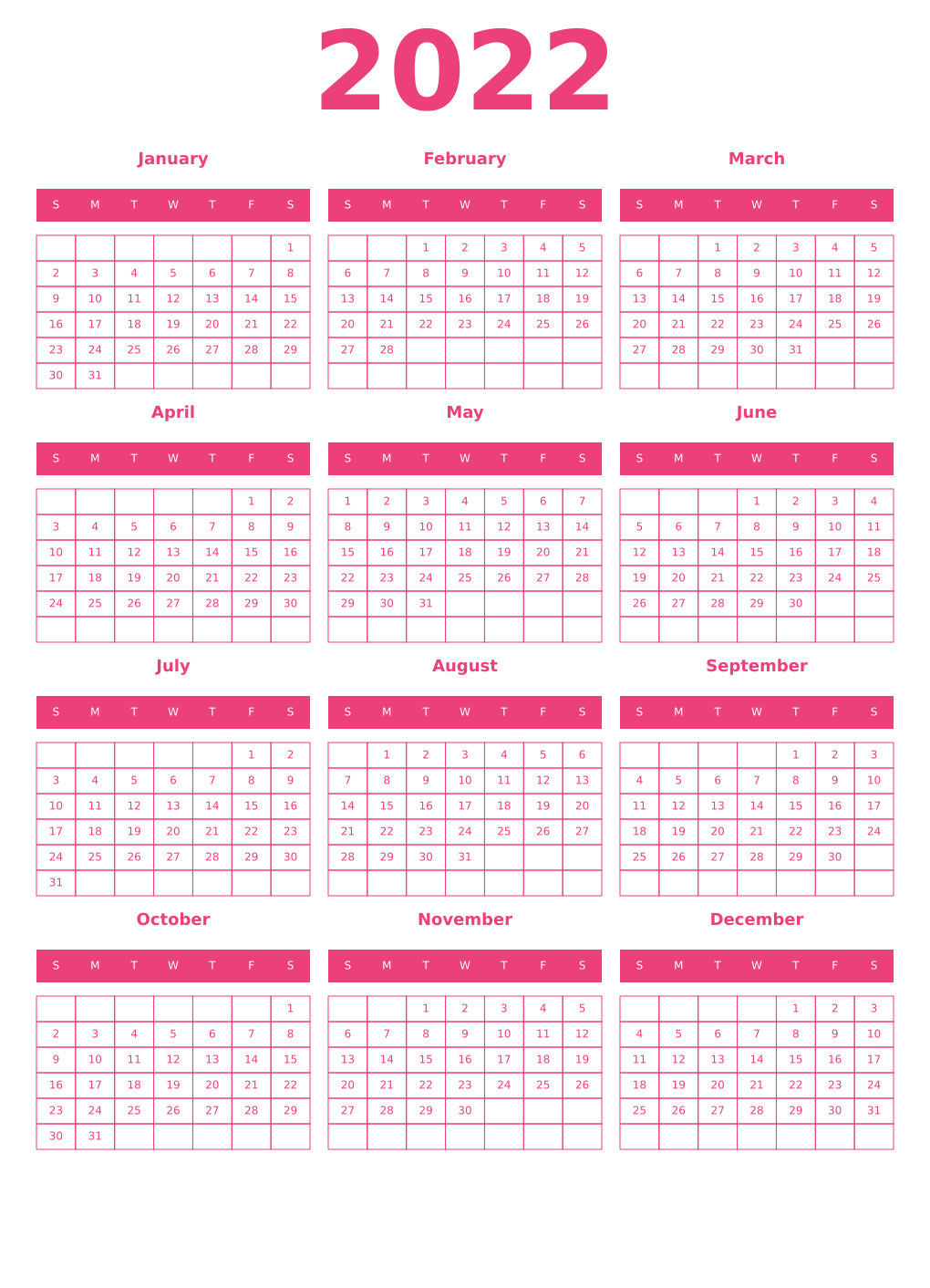 Printable 2022 Year Calendars pink