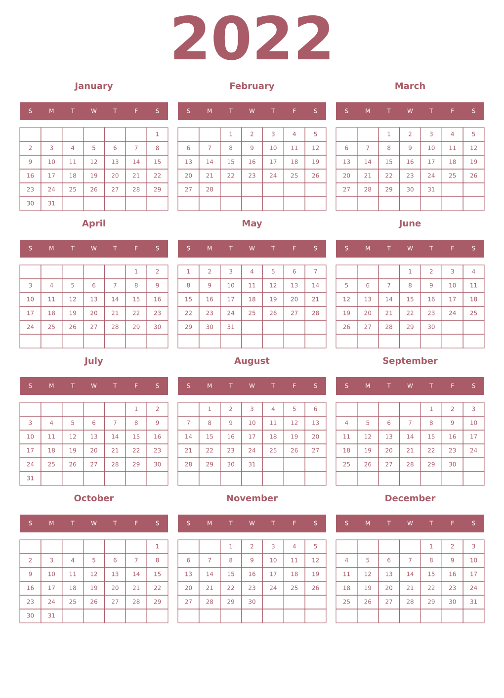 Printable 2022 Year Calendars puce