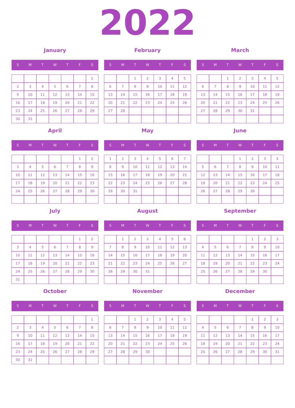 Printable 2022 Year Calendars purple