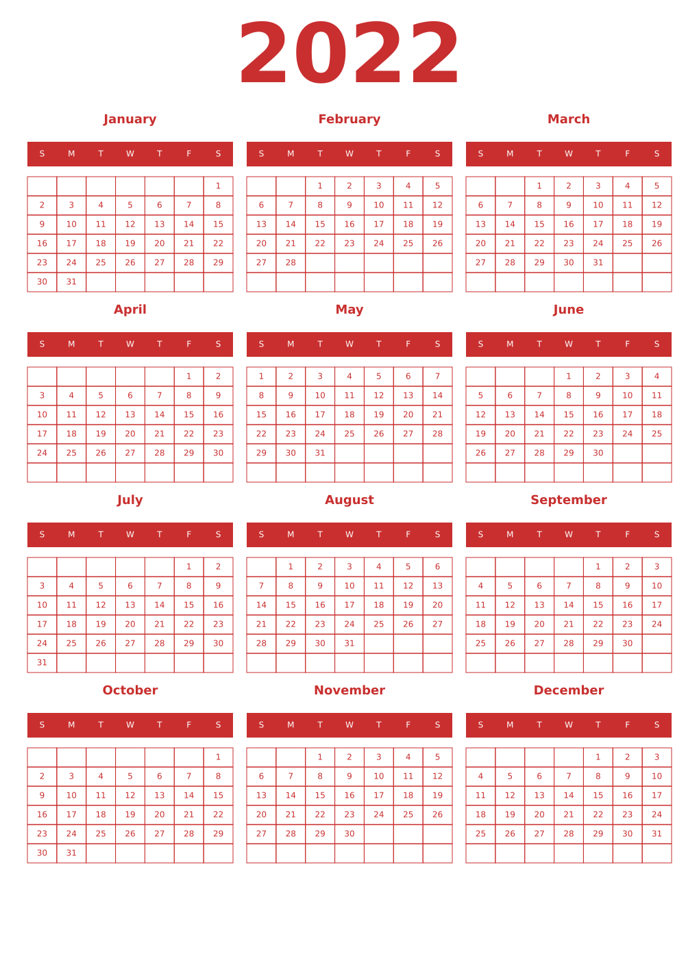 Printable 2022 Year Calendars red