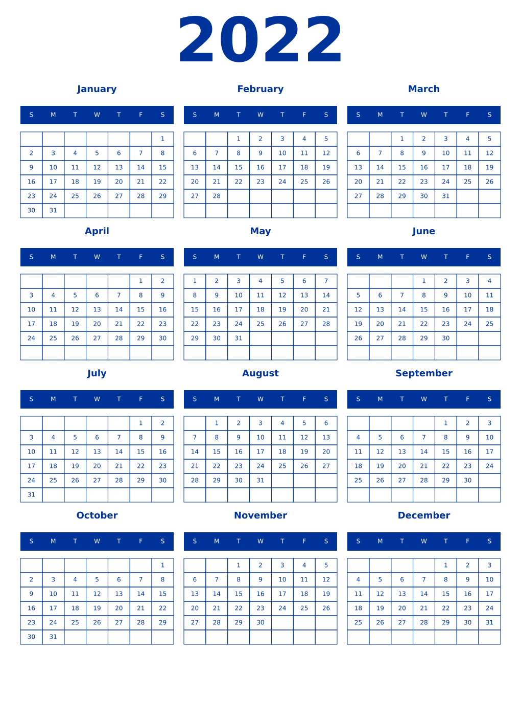 Printable 2022 Year Calendars smalt