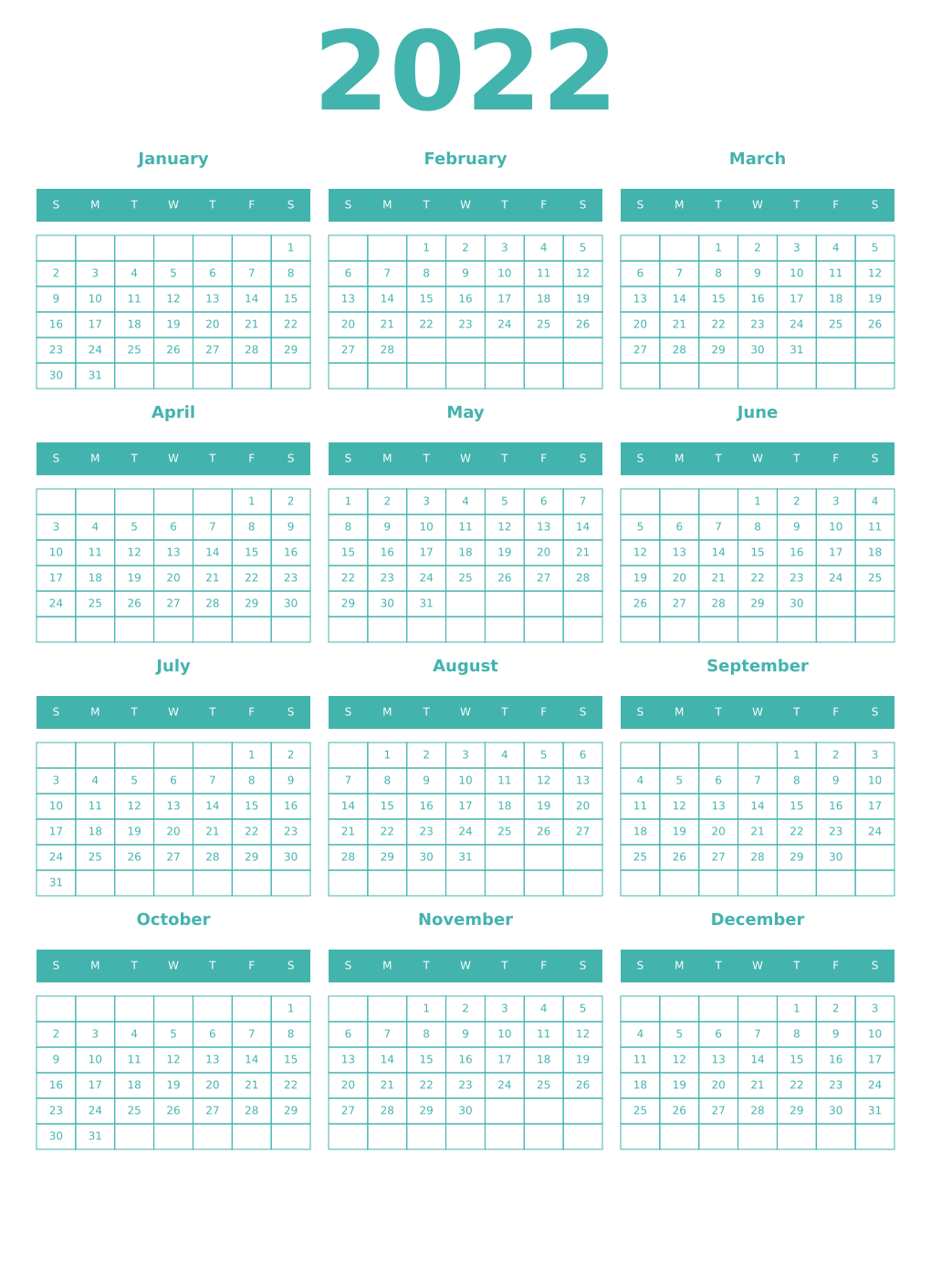 Printable 2022 Year Calendars verdigris