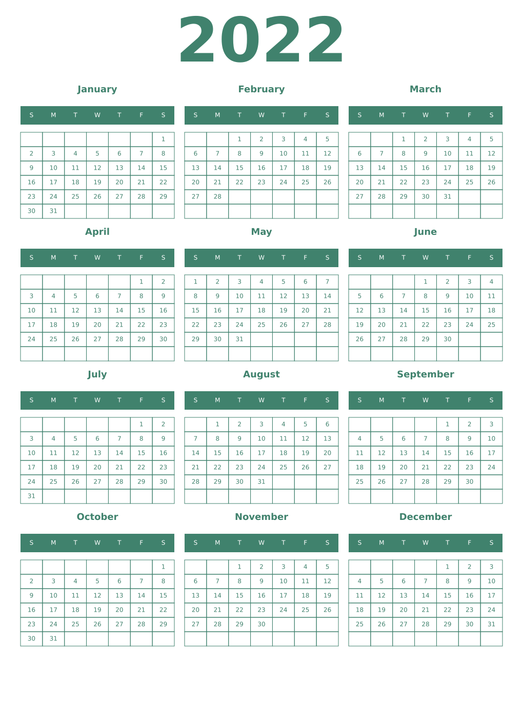 Printable 2022 Year Calendars viridian
