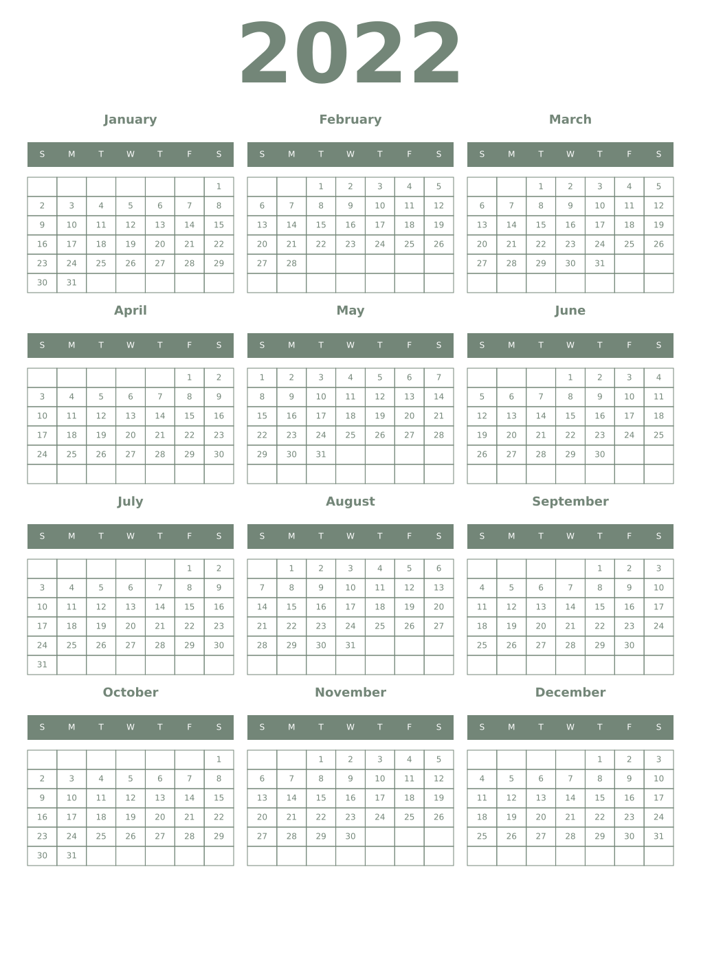Printable 2022 Year Calendars xanadu
