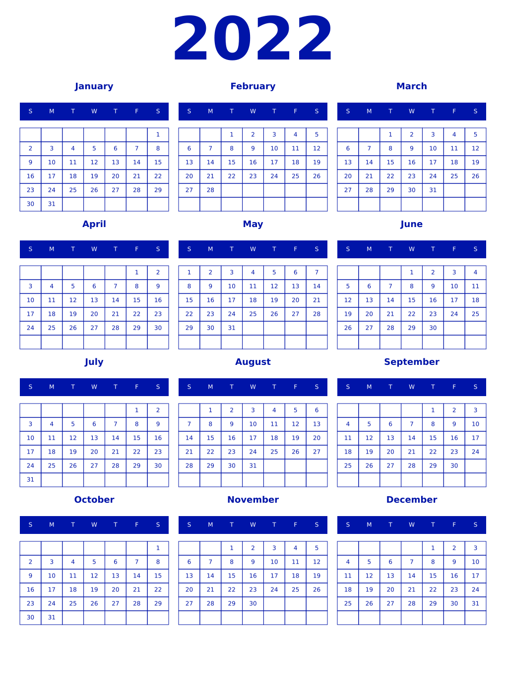 Printable 2022 Year Calendars zaffre