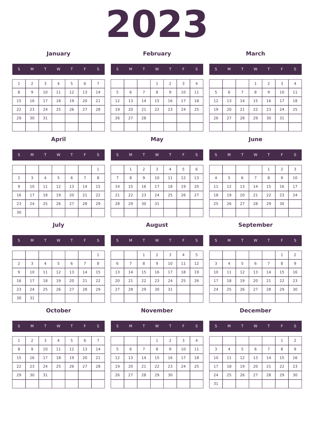 Printable 2023 Year Calendars aubergine