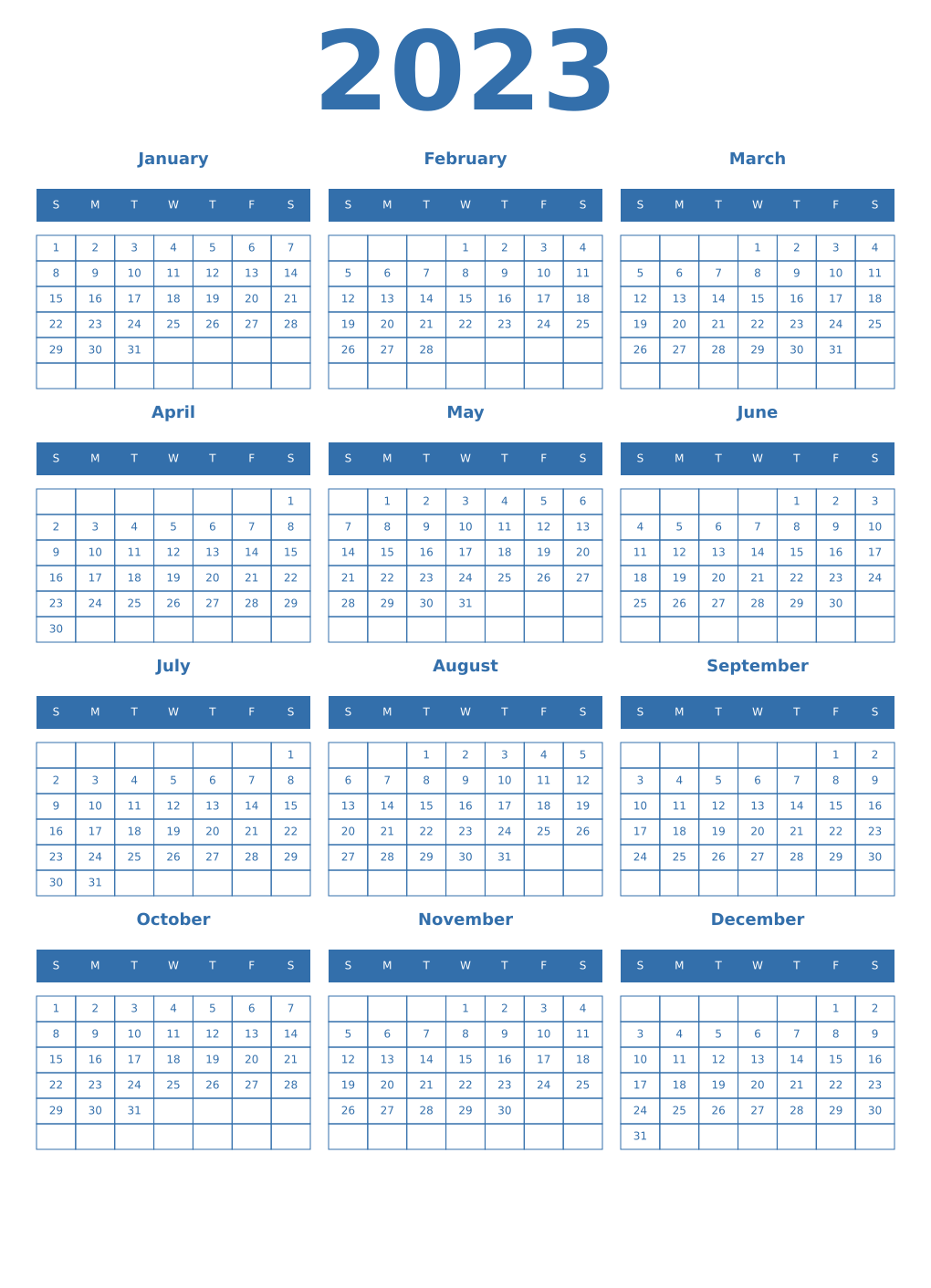 Printable 2023 Year Calendars blue