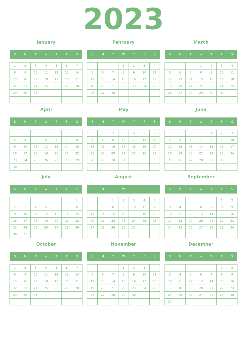 Printable 2023 Year Calendars celadon