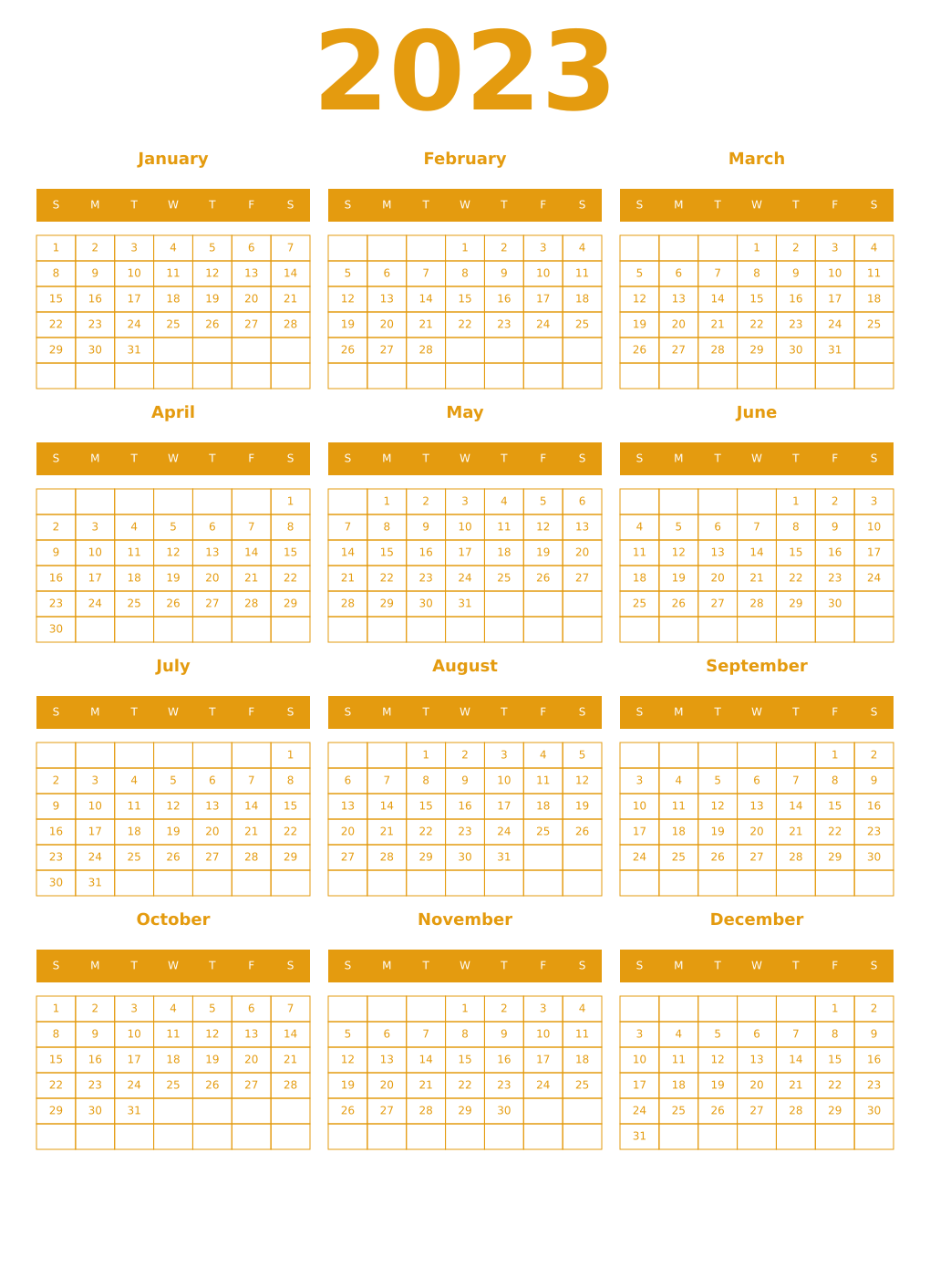 Printable 2023 Year Calendars gamboge