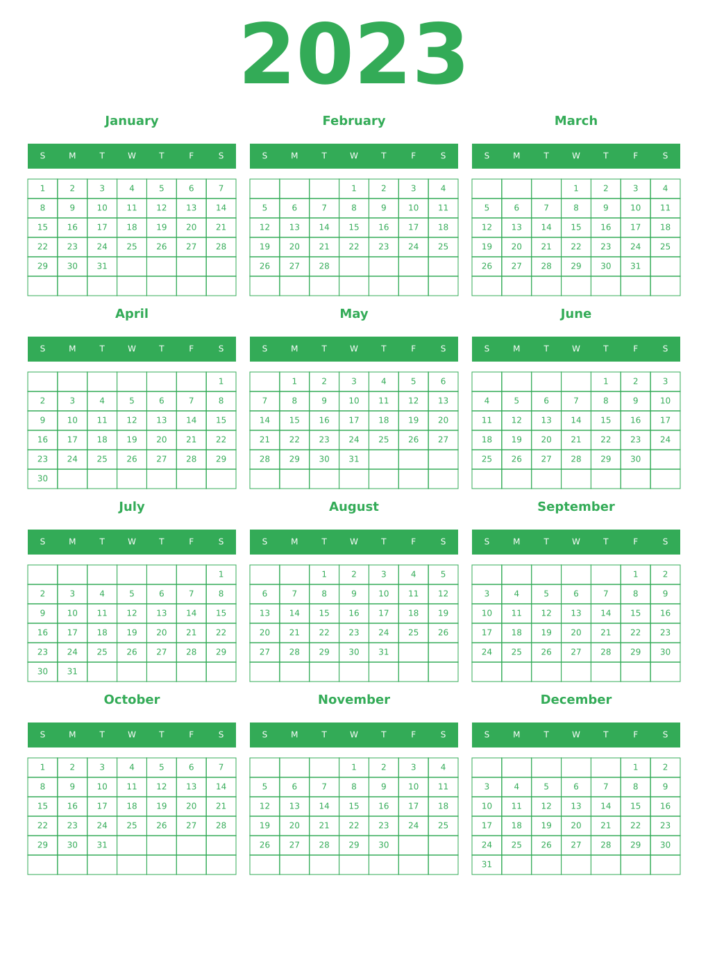 Printable 2023 Year Calendars green