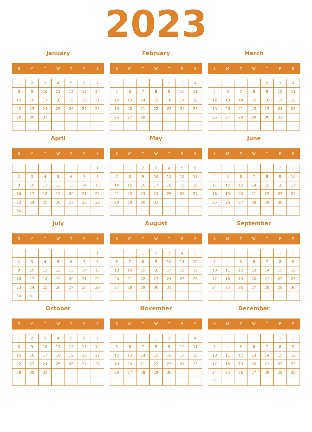Printable 2023 Year Calendars orange