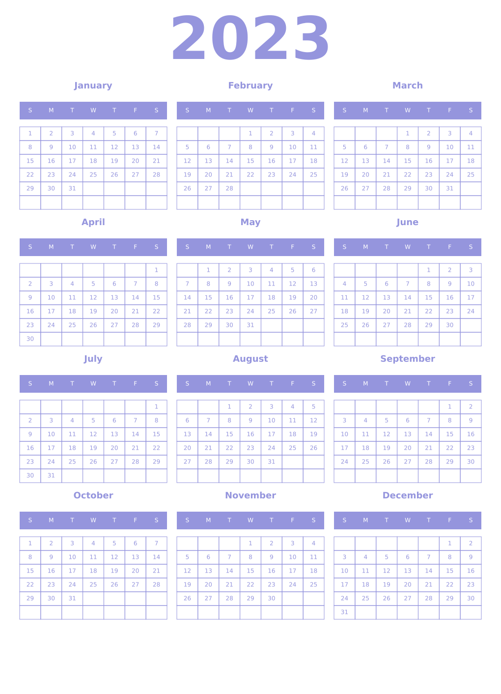 Printable 2023 Year Calendars periwinkle