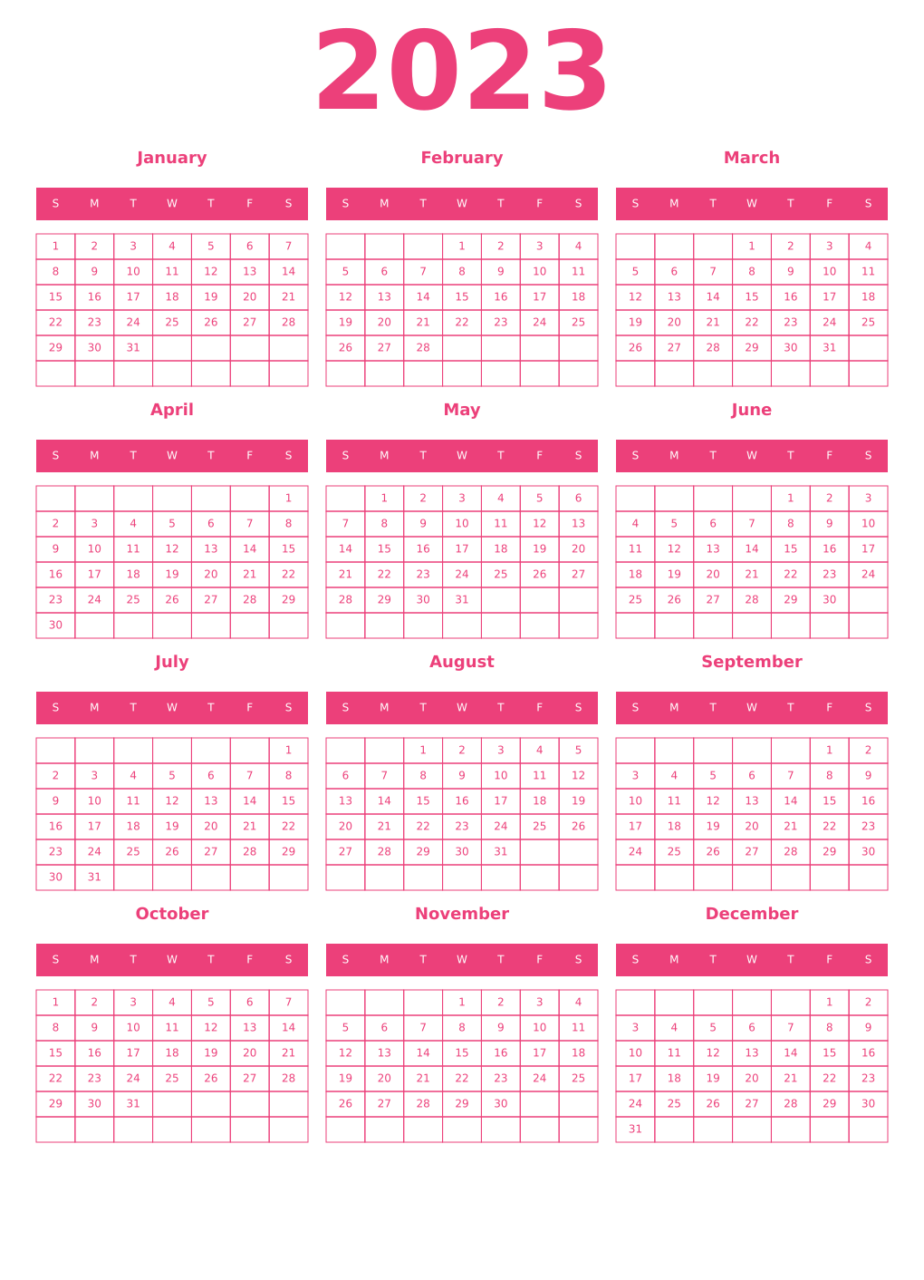 Printable 2023 Year Calendars pink