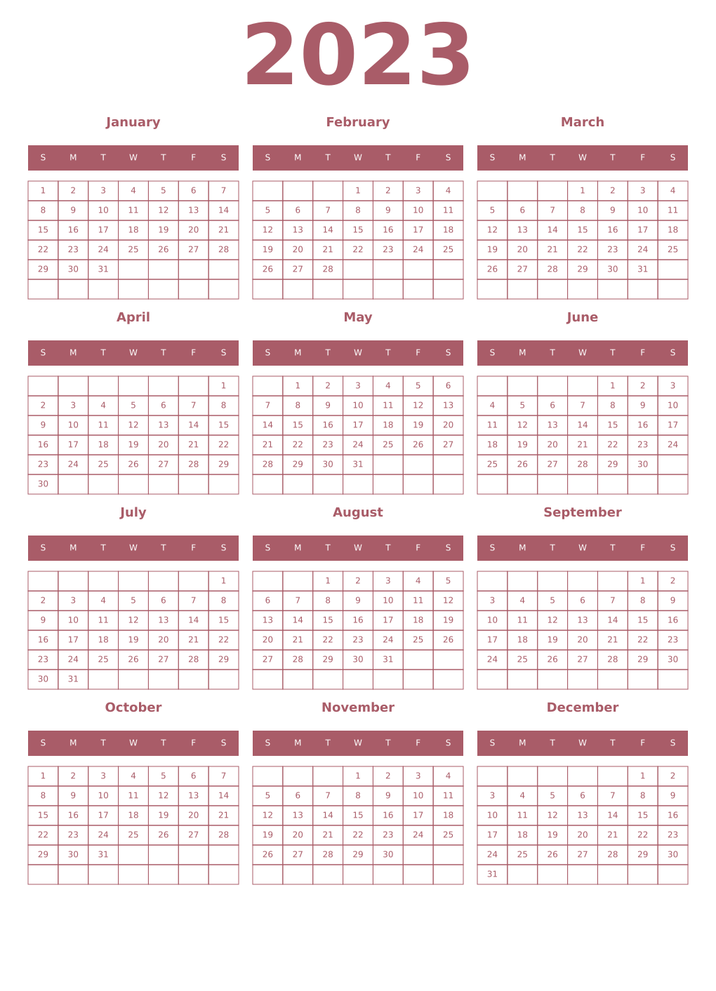 Printable 2023 Year Calendars puce