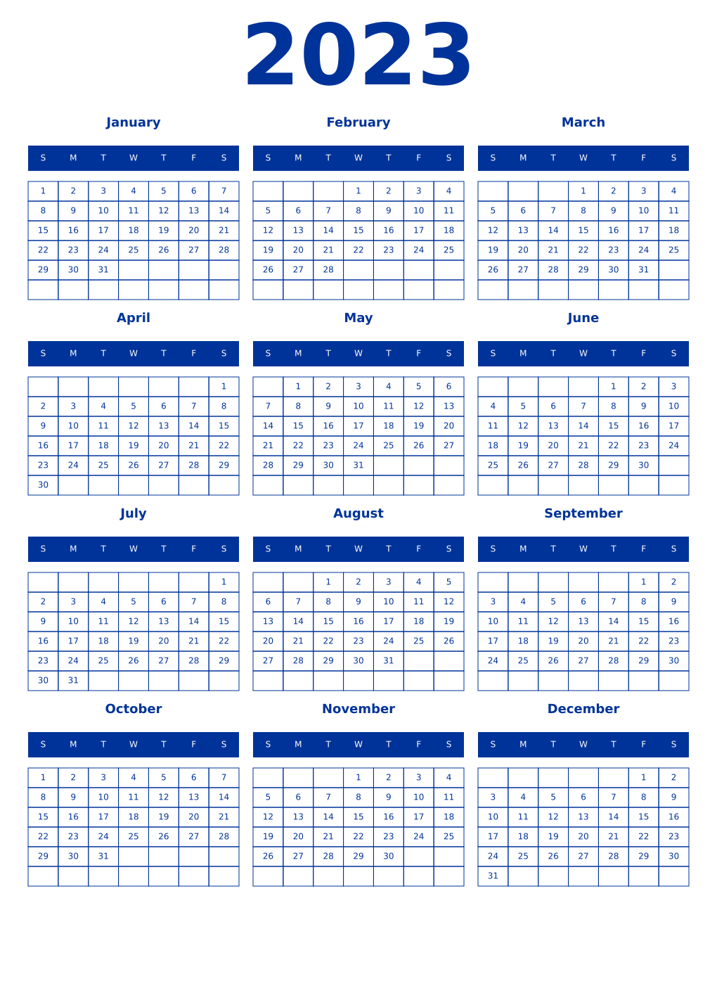 Printable 2023 Year Calendars smalt