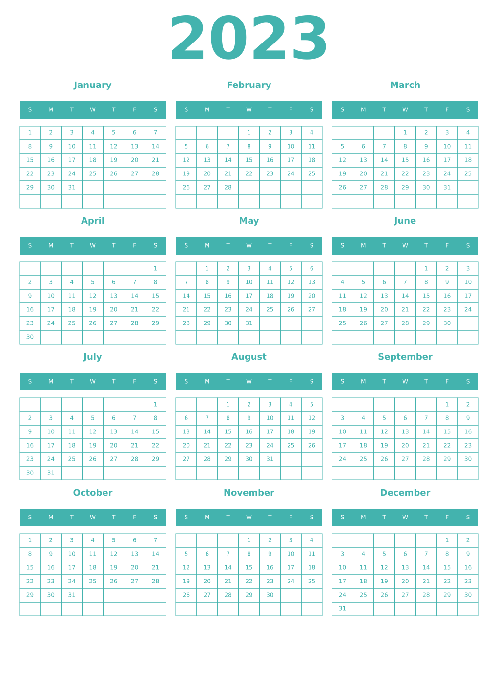 Printable 2023 Year Calendars verdigris