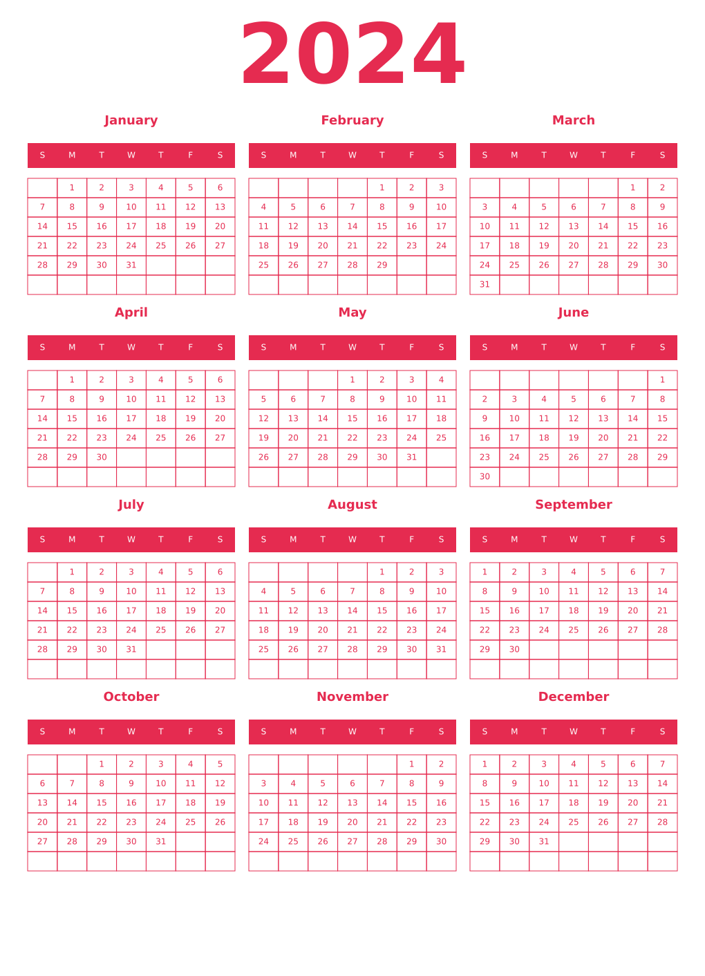Printable 2024 Year Calendars amaranth