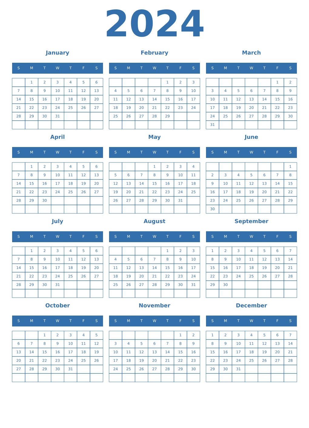 Printable 2024 Year Calendars blue