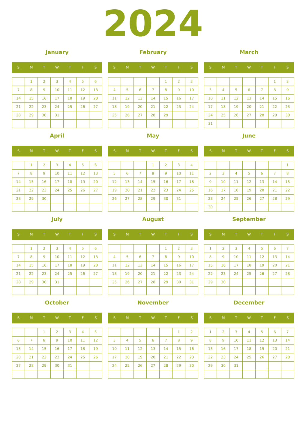 Printable 2024 Year Calendars chartreuse