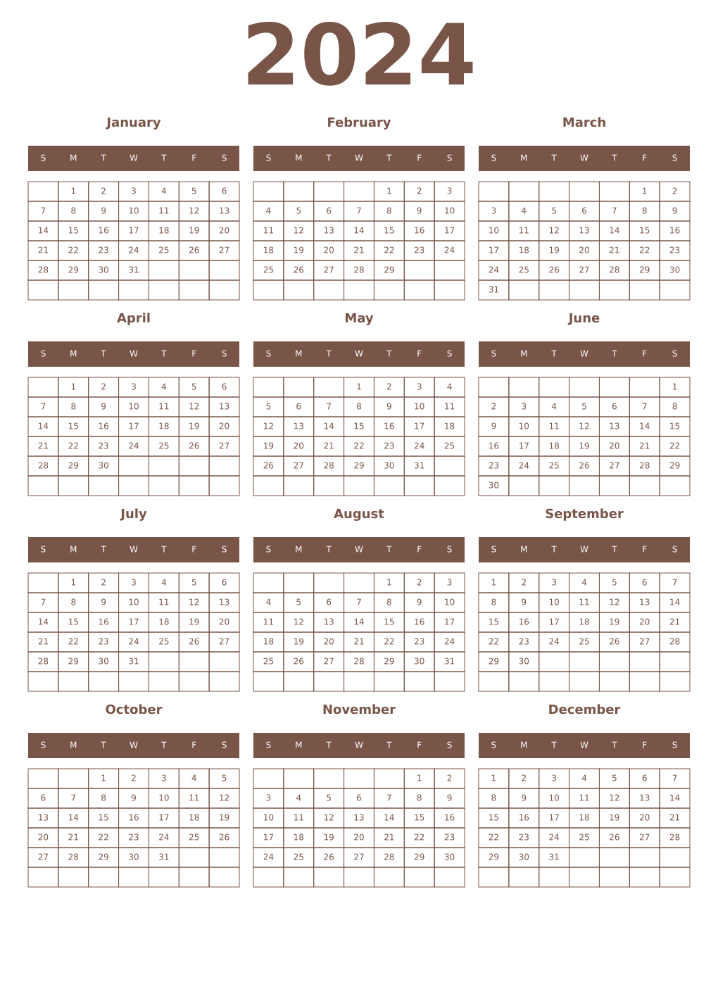 Printable 2024 Year Calendars coffe