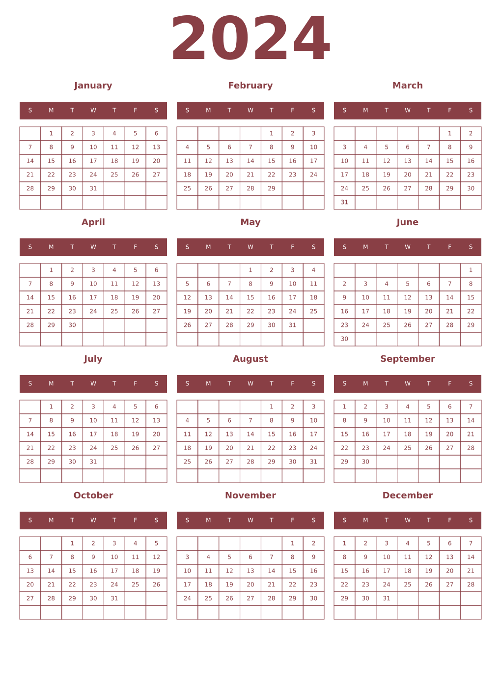 Printable 2024 Year Calendars cordovan