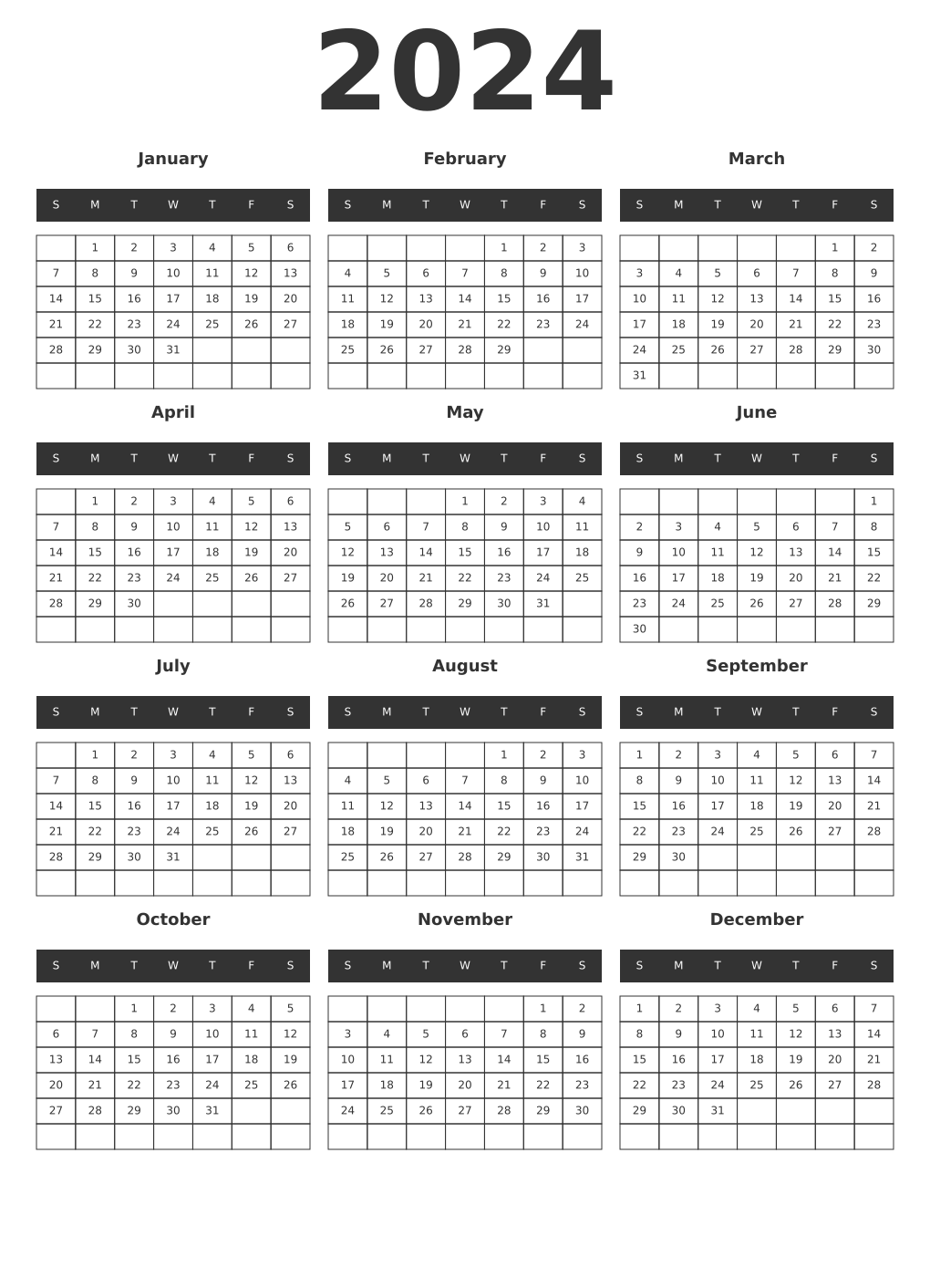 Printable 2024 Year Calendars dark