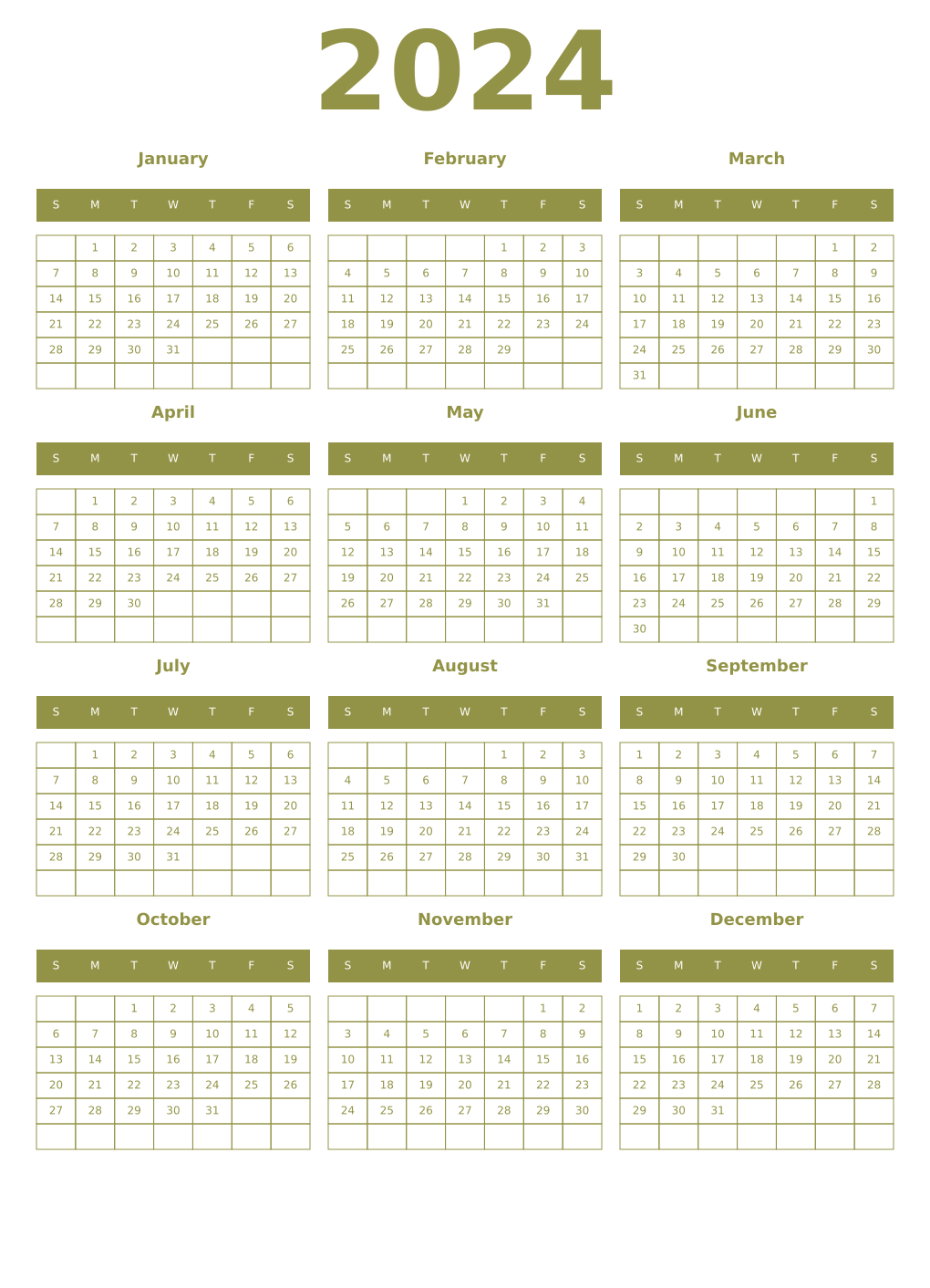 Printable 2024 Year Calendars eburnean