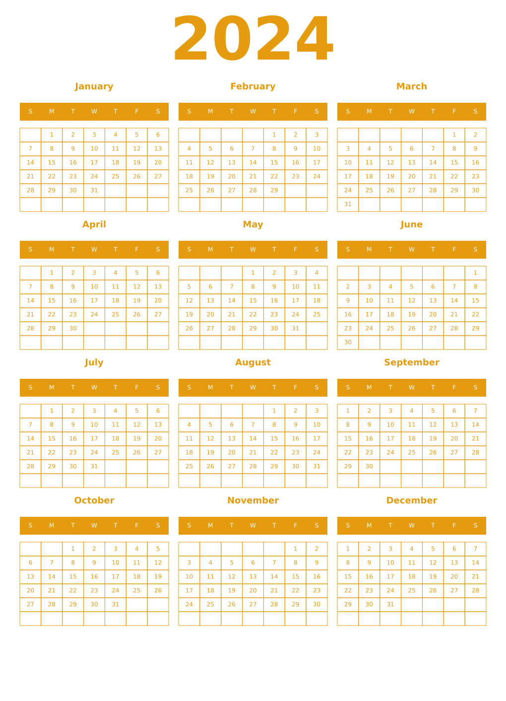 Printable 2024 Year Calendars gamboge