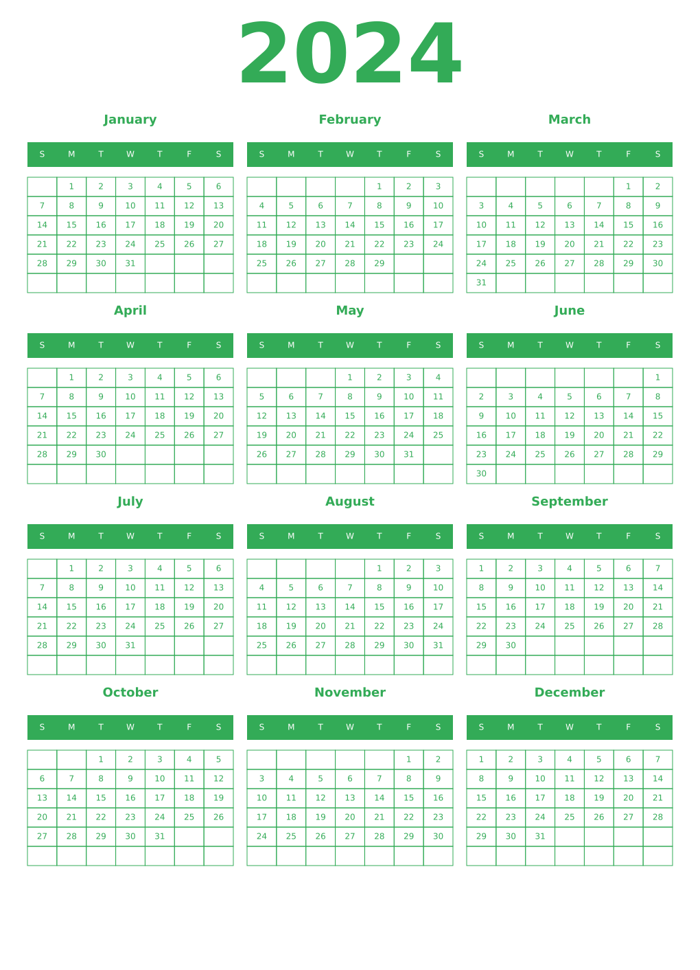 Printable 2024 Year Calendars green