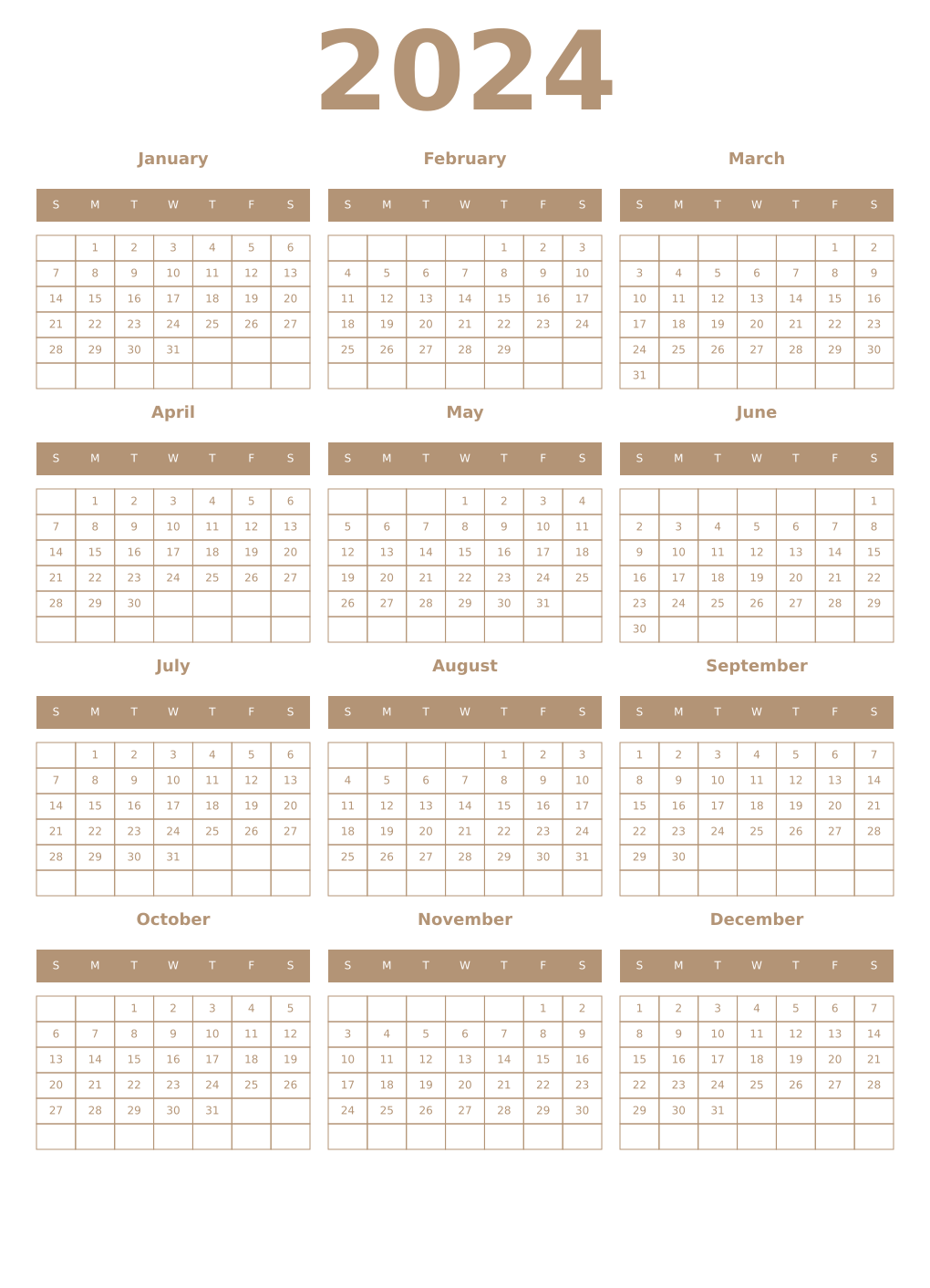Printable 2024 Year Calendars isabelline