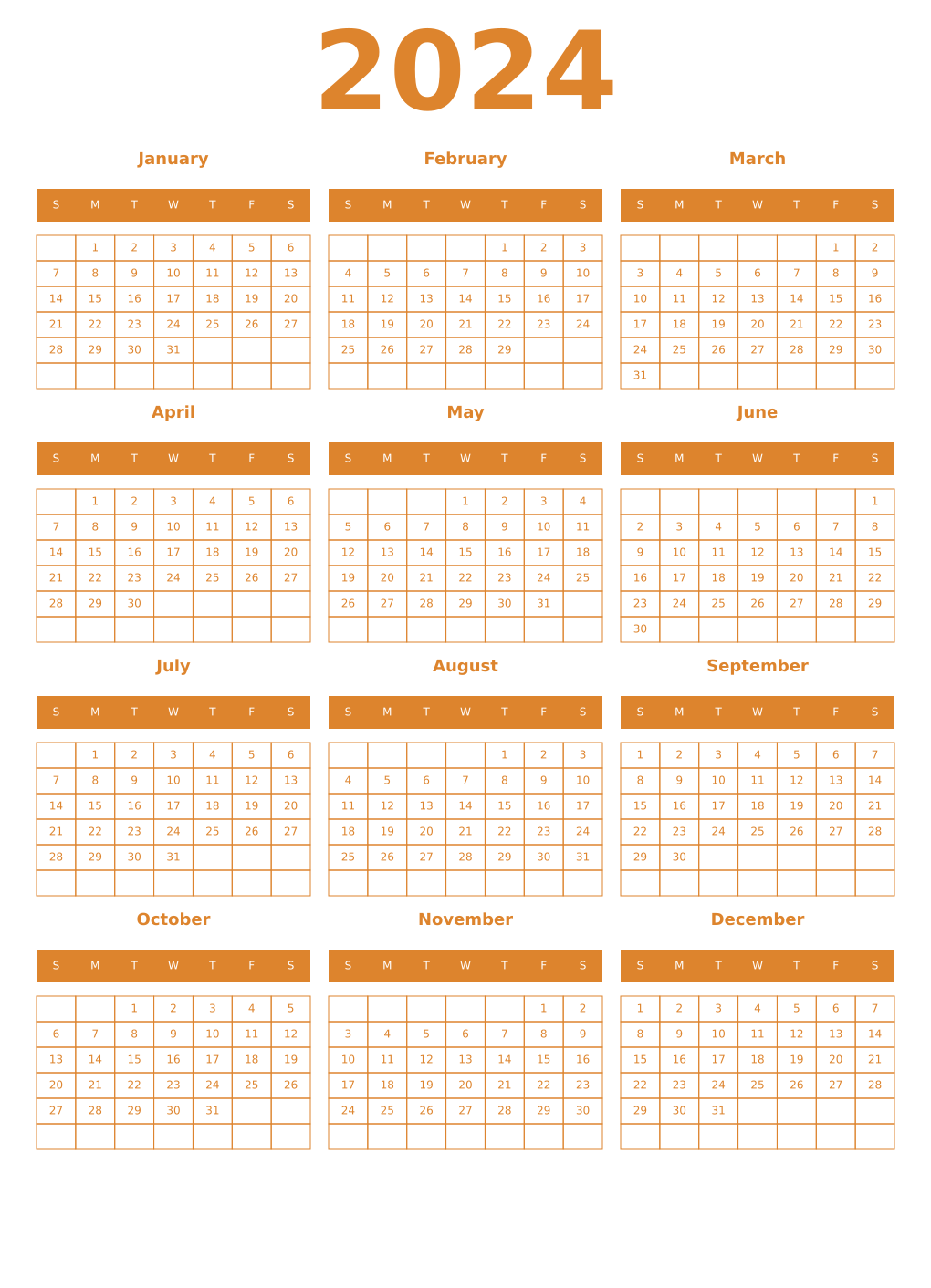 Printable 2024 Year Calendars orange