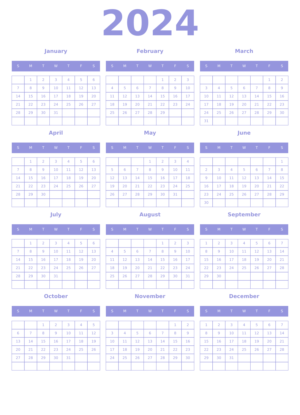 Printable 2024 Year Calendars periwinkle