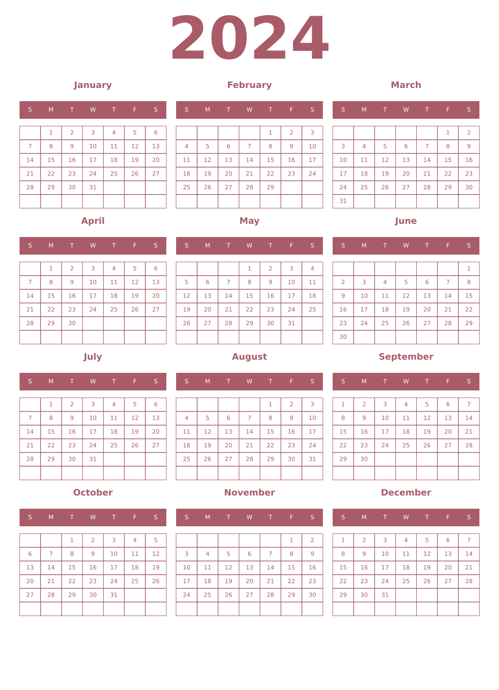 Printable 2024 Year Calendars puce