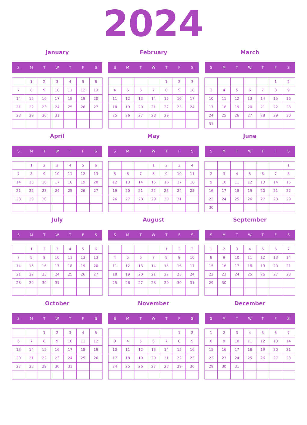 Printable 2024 Year Calendars purple
