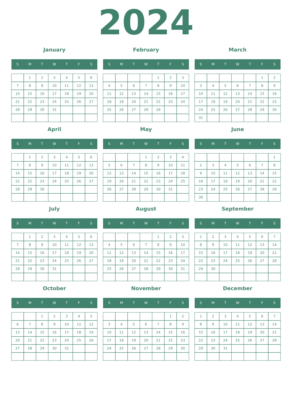 Printable 2024 Year Calendars viridian