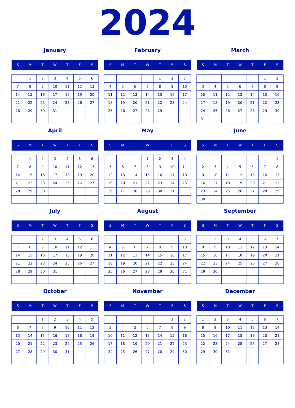 Printable 2024 Year Calendars zaffre