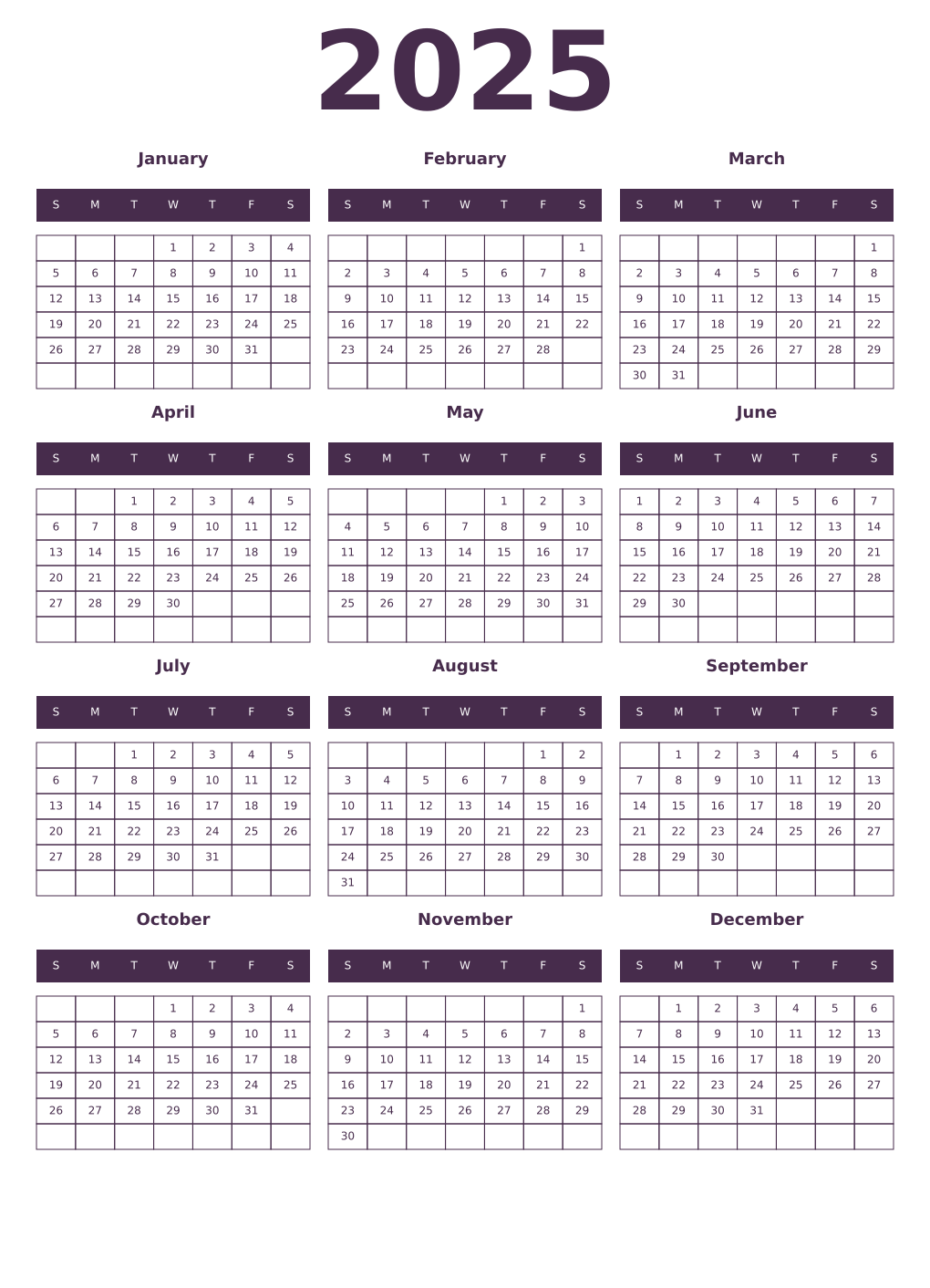 Printable 2025 Year Calendars aubergine