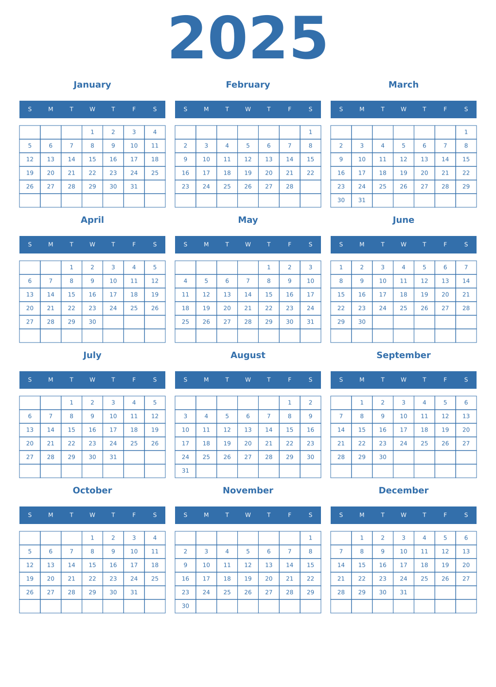 Printable 2025 Year Calendars blue