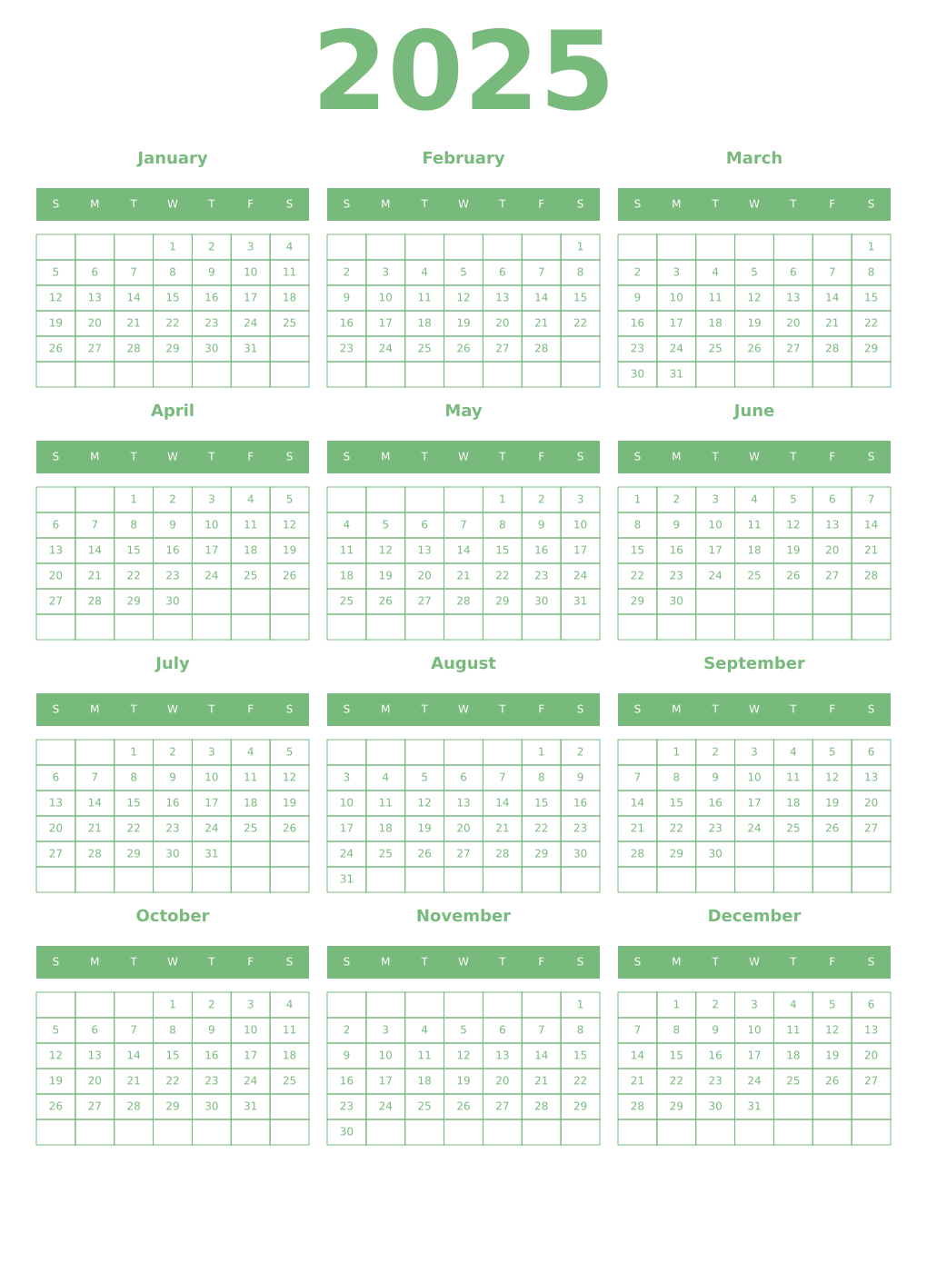 Printable 2025 Year Calendars celadon