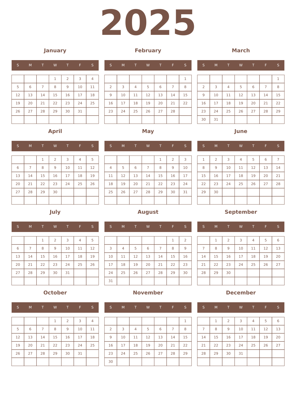 Printable 2025 Year Calendars coffe