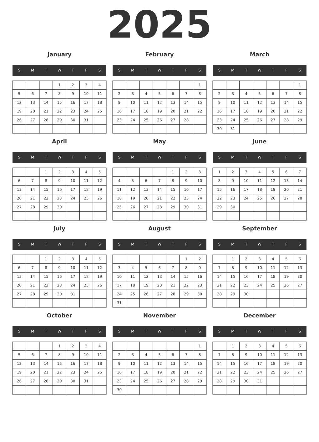 Printable 2025 Year Calendars dark