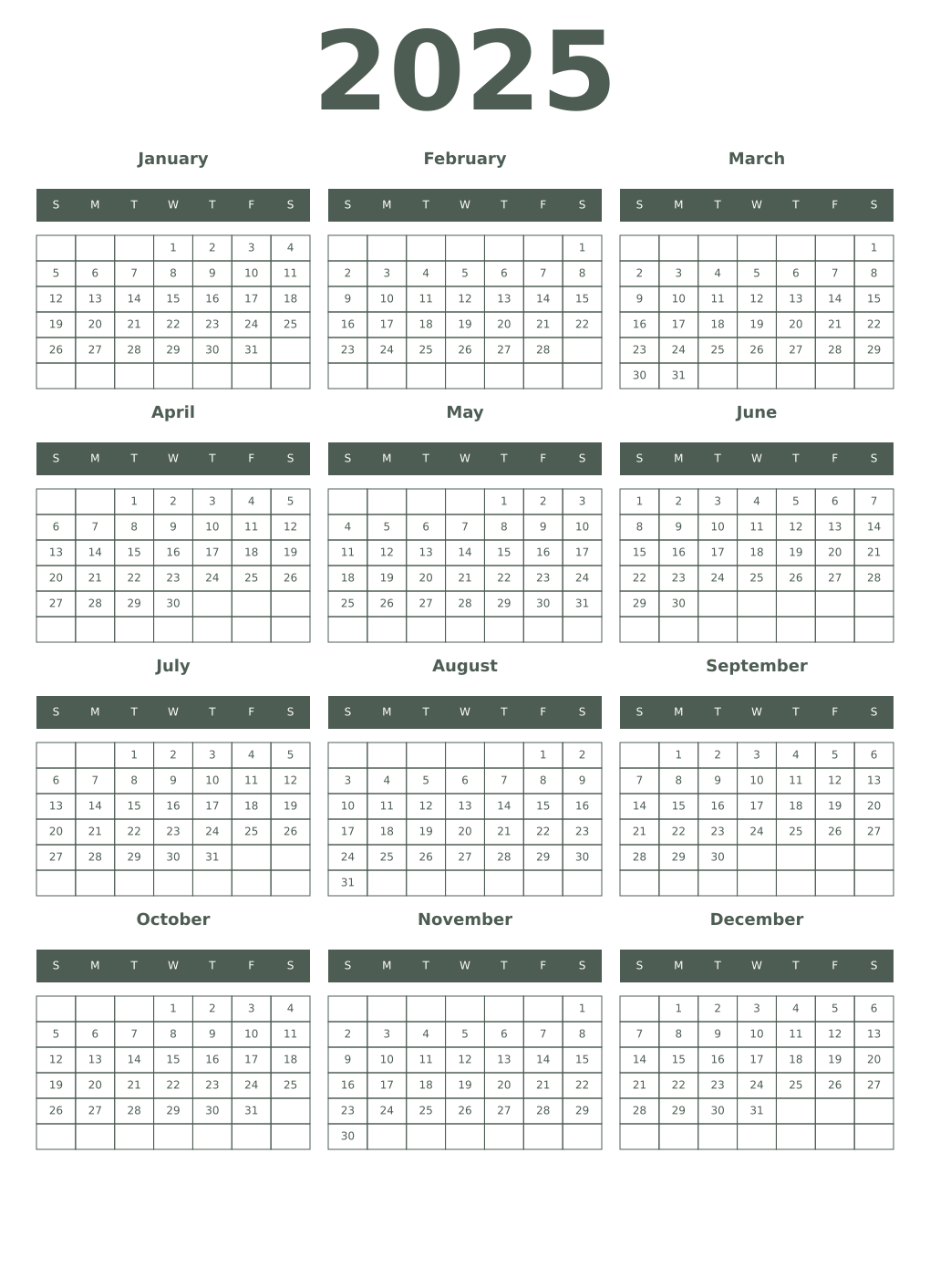 Printable 2025 Year Calendars feldgrau