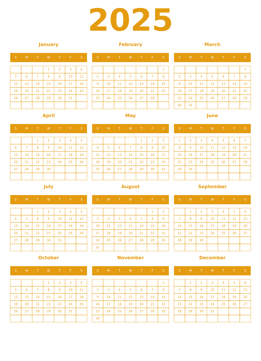Printable 2025 Year Calendars gamboge