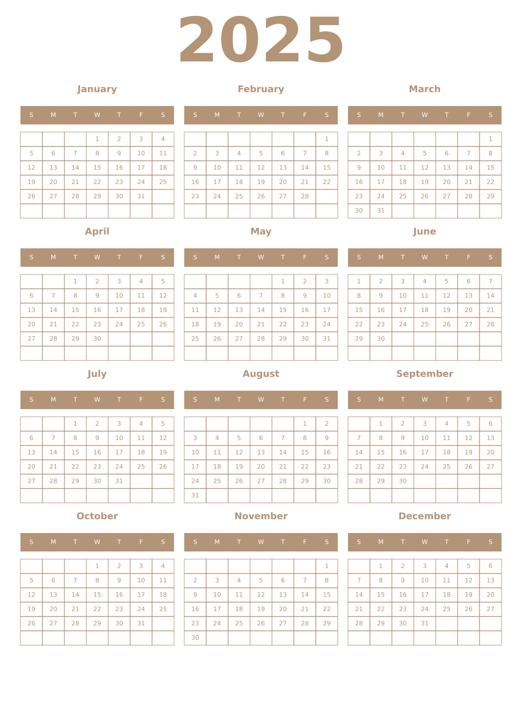 Printable 2025 Year Calendars isabelline