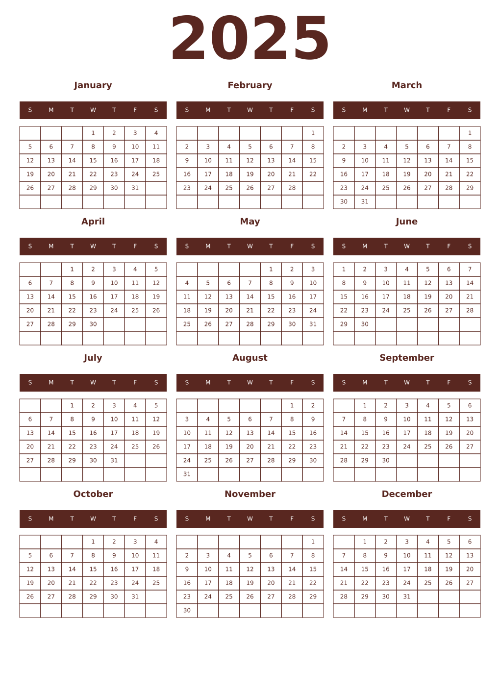 Printable 2025 Year Calendars mortuum