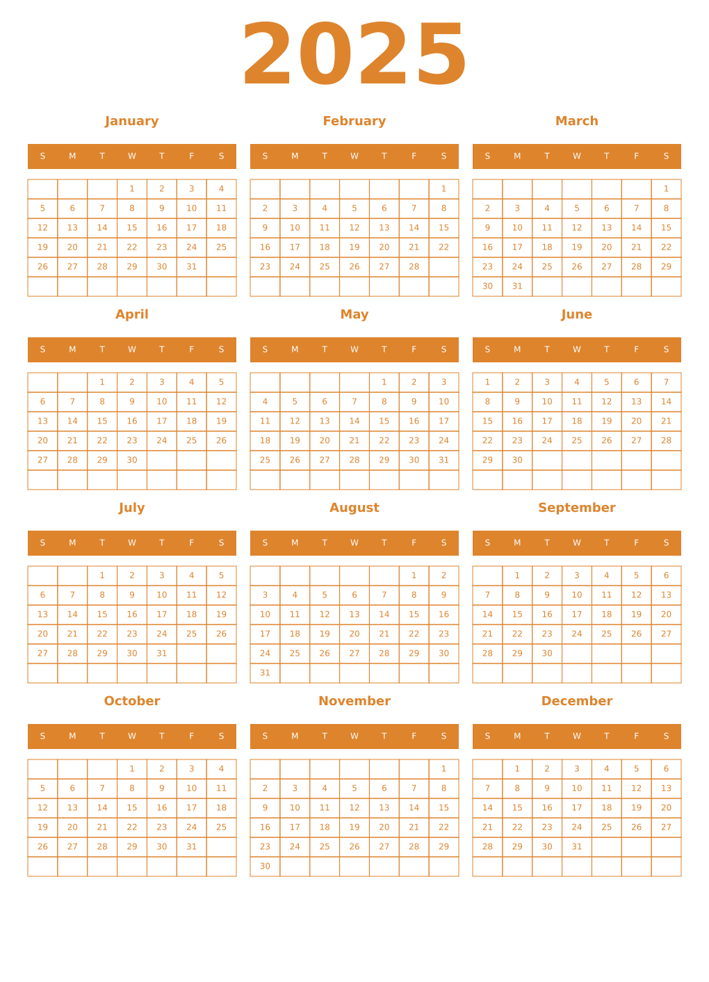 Printable 2025 Year Calendars orange